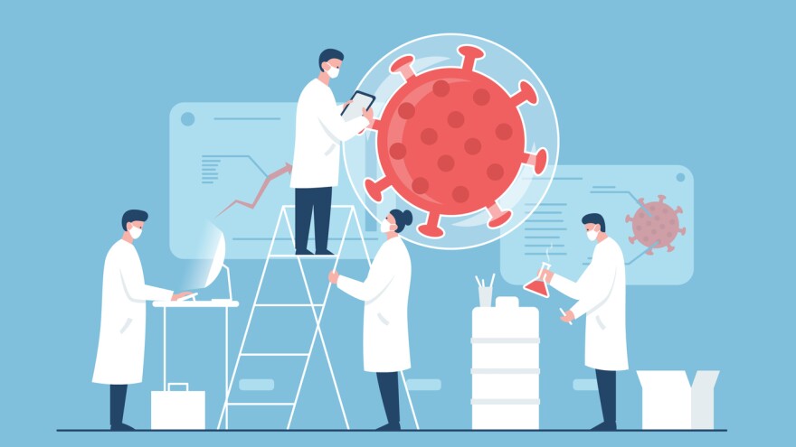 An  illustration of a team of scientists working on coronavirus vaccine in the laboratory.