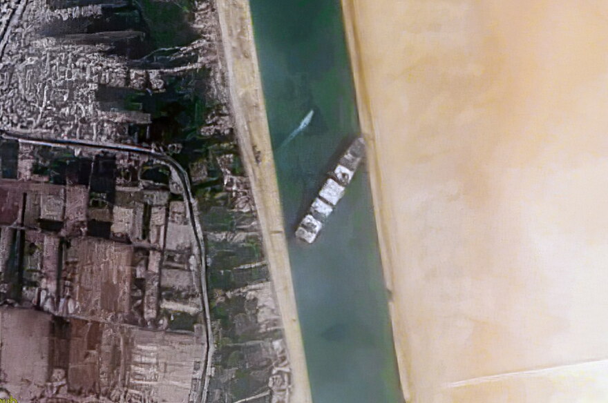  A satellite picture of the Ever Given stuck in the Suez Canal.
