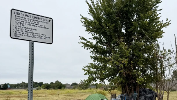 People were camping on a state-owned patch of land next to Food and Shelter in Norman on Oct. 3, 2026.
