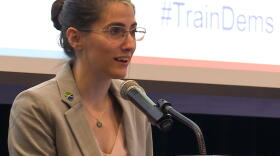 Fishers City Councilor Sam DeLong speaks at the National Democratic Training Committee and Indiana Democratic Party's one-day training Saturday.
