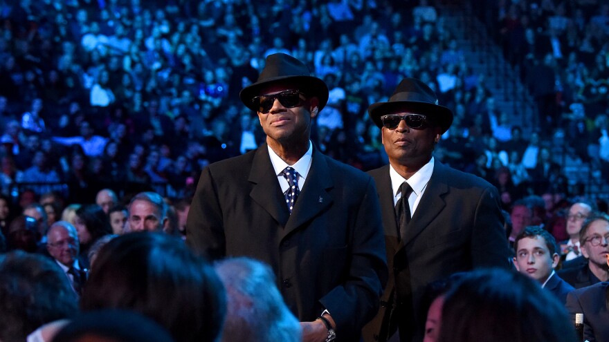 Jimmy Jam, left, and Terry Lewis stand after being acknowledged by inductee Janet Jackson during the 2019 Rock & Roll Hall of Fame Induction Ceremony, held at the Barclays Center on March 29, 2019 in New York.