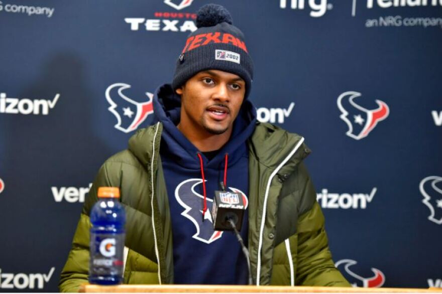 Houston Texans quarterback Deshaun Watson speaks during a news conference following an NFL divisional playoff football game against the Kansas City Chiefs in Kansas City, Mo., in this Sunday, Jan. 12, 2020.