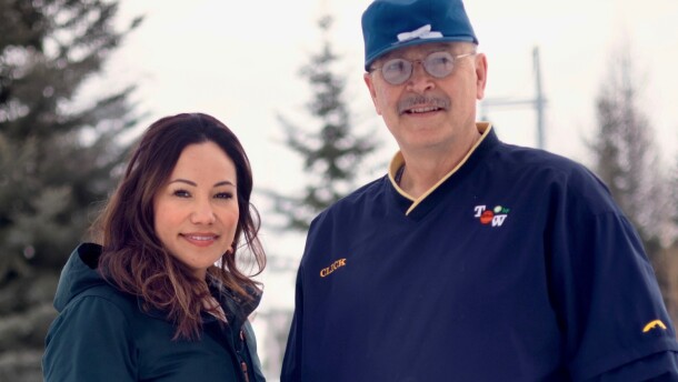 Alaska gubernatorial candidate Click Bishop pictured in Fairbanks with his newly announced running mate, Greta Schuerch, on April 8, 2026.