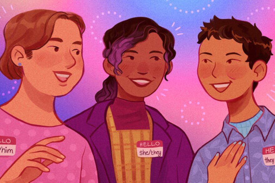 Illustration of three people talking. Each wears a sticker on their shirt with their pronouns written on it.