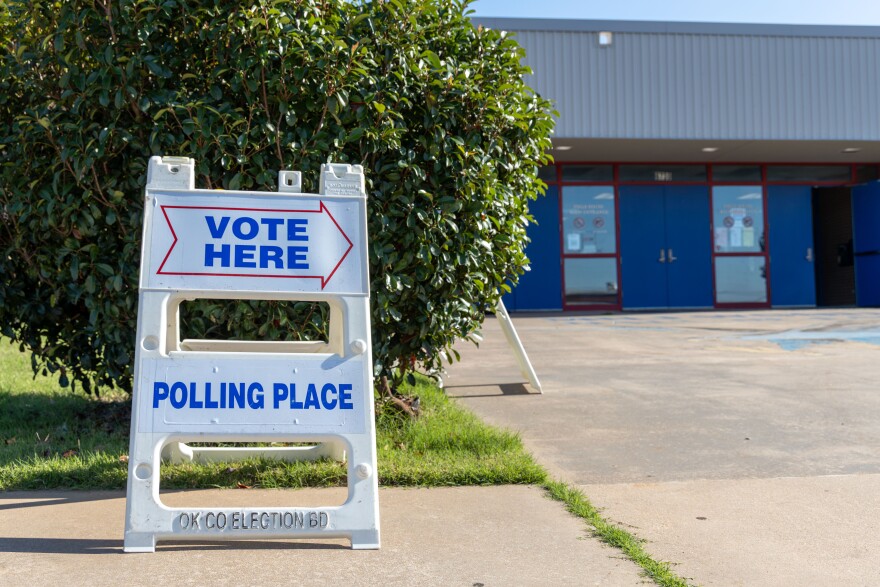 A voting sign at an Oklahoma County polling place in June 2026.