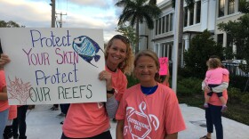 Dozens of Key Westers came to City Hall Tuesday to support the proposed ban on the sale of some sunscreens, including Joyce Milelli, left, and Melissa Hitchings.