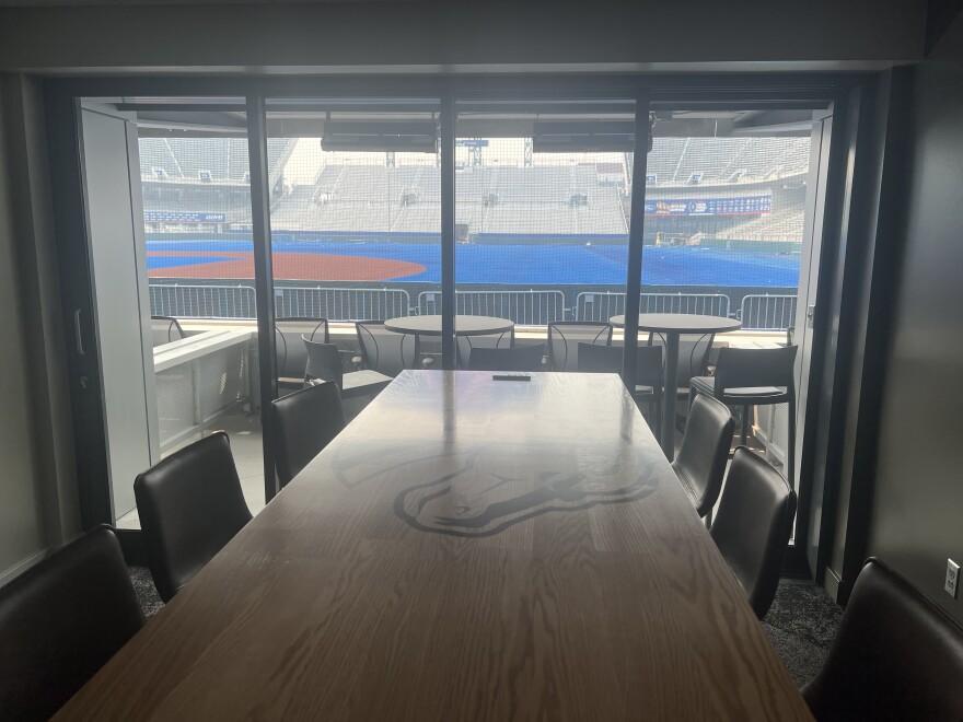 A view from inside the field-level north end zone suites. Furniture was custom-made by Idaho inmates through the Correctional Industries program.