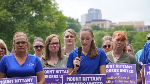 Unionized workers at the Mount Nittany Medical Center in State College spoke Thursday at a press conference in Spring Creek Park, near the hospital. 