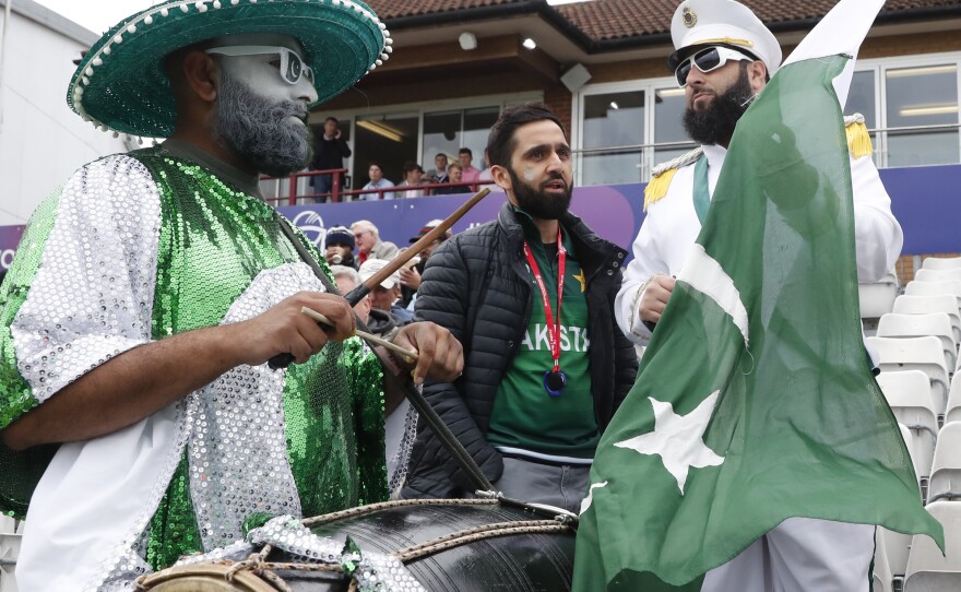 Pakistan fans wait for the start of the Cricket World Cup match between Australia and Pakistan in Taunton, England, on Wednesday.