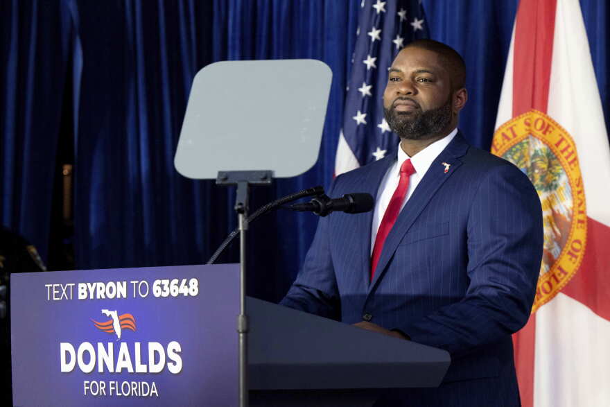 Gubernatorial candidate U.S. Rep. Byron Donalds speaks during his kickoff campaign, Friday, March 28, 2025, in Bonita Springs, Fla.