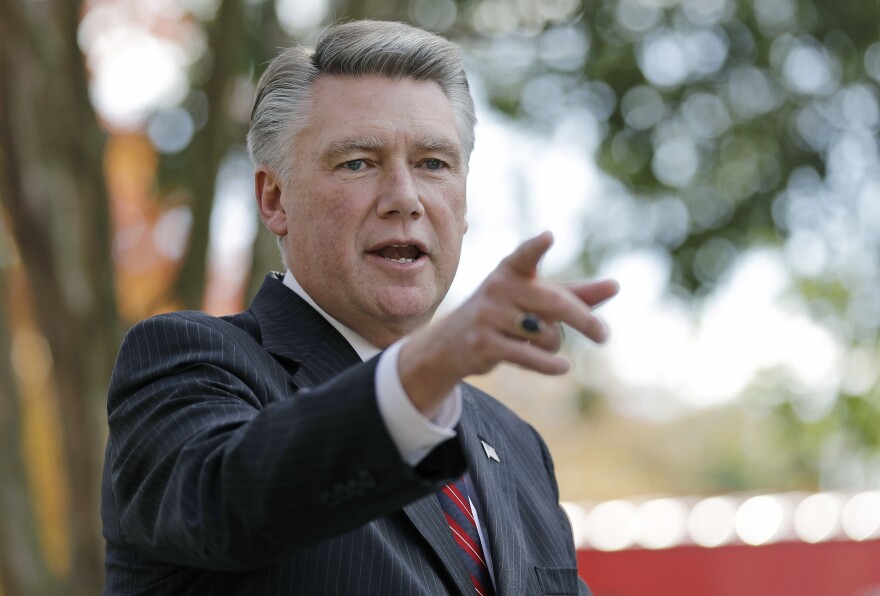  In this Nov. 7, 2018, file photo, Mark Harris speaks to the media during a news conference in Matthews, N.C. 