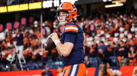 Syracuse football quarterback Steve Angeli warms up before SU's 27-20 win over Connecticut on September 6, 2025.