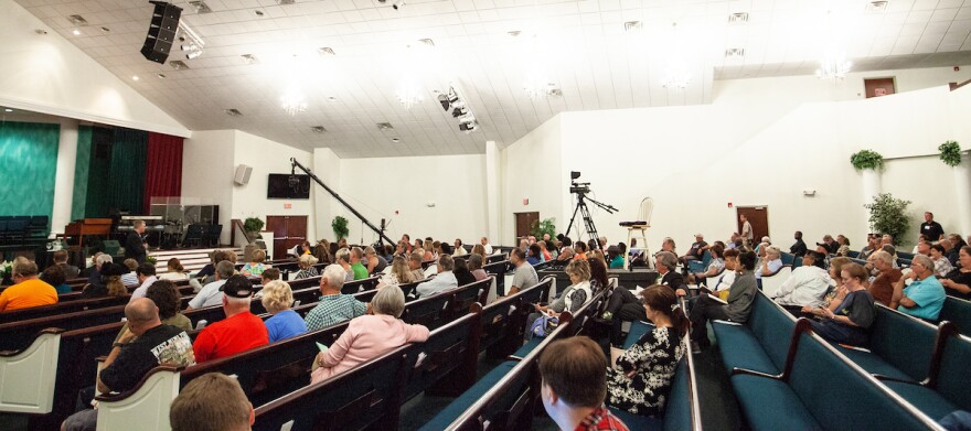 A large crowd gathers for a community meeting hosted by the chemical company Chemours at Faith Tabernacle Christian Center in St. Pauls, N.C. on Tuesday, June 12, 2018.