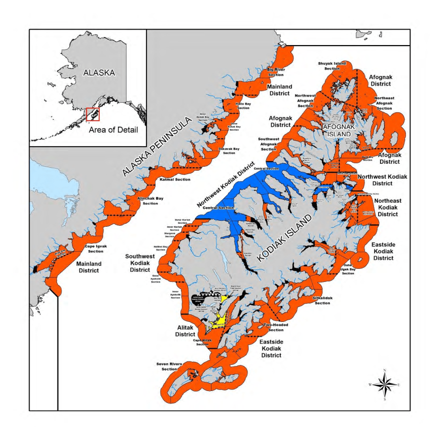 A map of set net/gillnet and seine fishing districts within the Kodiak Management Area. Provided by the Alaska Department of Fish & Game, 2024.