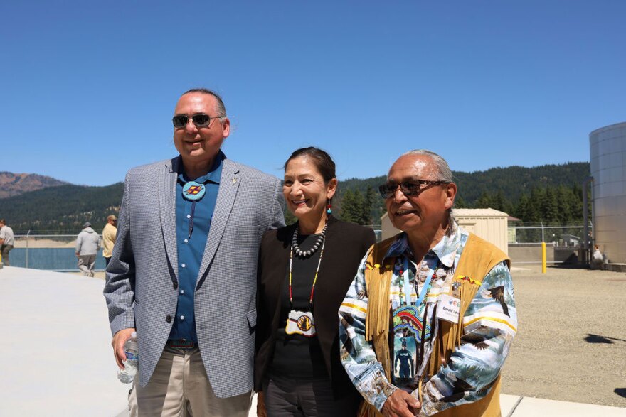 U.S. Interior Secretary Deb Haaland is pictured with Gerald Lewis Yakama Nation Tribal Chairman, (right) and Philip Rigdon Superintendent of Yakima Nation's Nation's Natural Resources Department (left). (Credit: Esther Estrada)