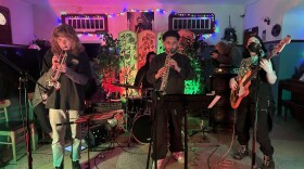 Clementine Hartman (right), who performs as Klezlie Feinberg, with her band Labia Menorah at Okay Bar in New Orleans on Dec. 15, 2025.