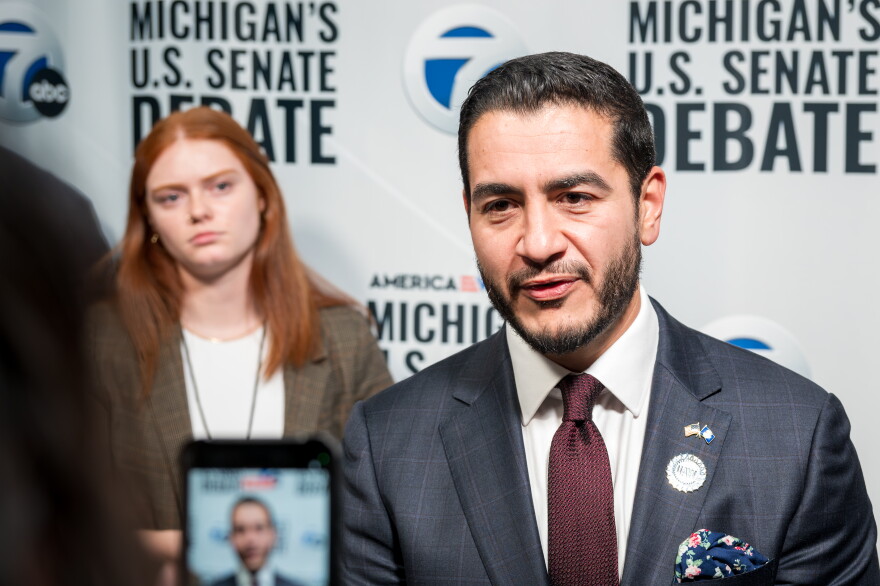 Democratic U.S. Senate nominee Abdul El-Sayed speaks to reporters after a debate against Mike Rogers at the WXYZ-TV studios in Southfield on October 21, 2026.