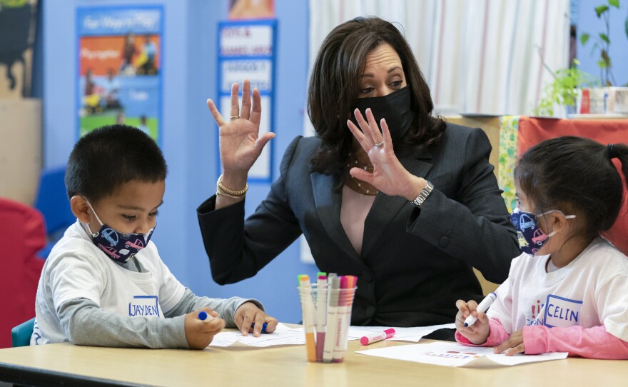 Vice President Kamala Harris joins bilingual early childhood education school CentroNia pupils ﻿Jayden Bello, left, and Celina Barrera, right, as they work on their project during a visit to the school, Friday, June 11, 2021 in northwest Washington. Harris talked about child tax credit during the visit.