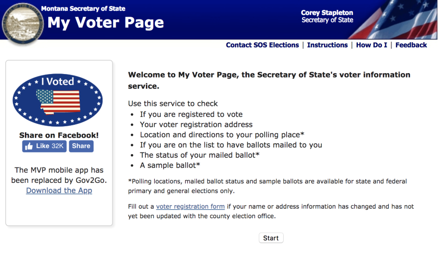 Screenshot of the My Voter Page on the Montana Secretary of State's website. Oct. 30, 2018. https://app.mt.gov/voterinfo/