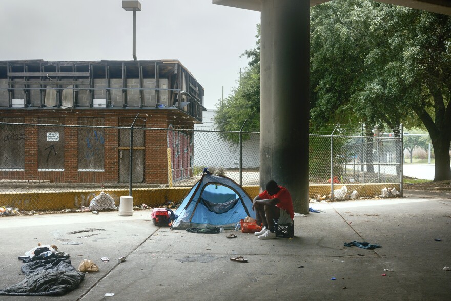 A small homeless encampment in Houston on May 5, 2023.