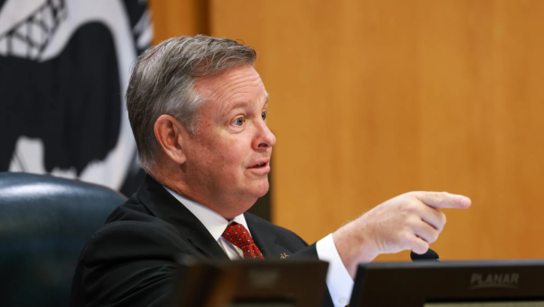 County Judge Tim O’Hare speaks during a Tarrant County Commissioners Court meeting Aug. 4, 2026, in Fort Worth.