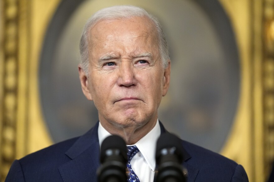 President Joe Biden speaks in the Diplomatic Reception Room of the White House on Feb. 8, 2024, in Washington. President Joe Biden dropped out of the 2024 race for the White House on Sunday, July 21, ending his bid for reelection following a disastrous debate with Donald Trump that raised doubts about his fitness for office just four months before the election.
