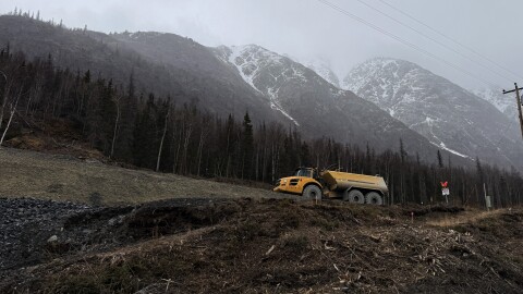 Crews work on the Cooper Landing Bypass Project on Thursday, Apr. 16, 2026 in Cooper Landing, Alaska.