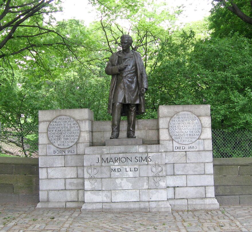Statue of J. Marion Sims on Fifth Avenue, on the wall of Central Park