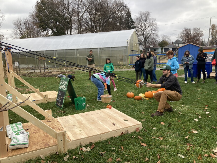 Last year's pumpkin launch in Hunter Park. "First year was a good success. We composted a lot of. Pumpkins after throwing them across Hunter Park, so excited to do it again this year," Eastside Compost's Mike Dombrowski said.