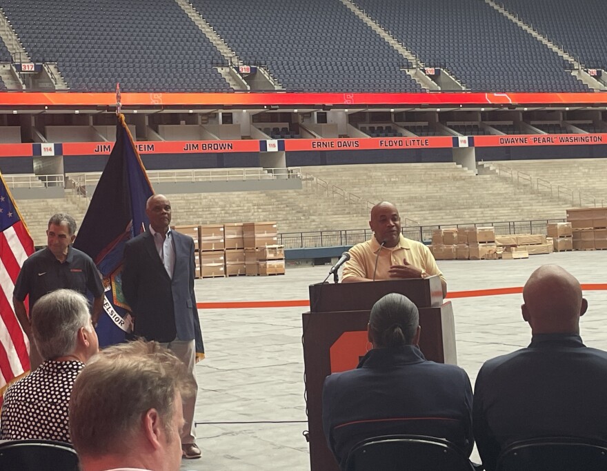 New York State Assembly Speaker Carl Heastie delivers remarks at Syracuse University's JMA Wireless Dome, July 23.