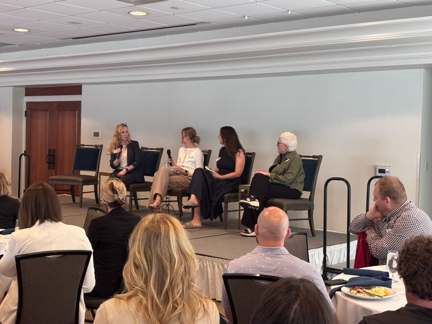 Janie McNabb, Kelsey Fox, Gretchen Overbeek and Madison Partak discussing how to engage with a remote work environment at Traverse Connect's Economic Strategy Session on June 17, 2026.