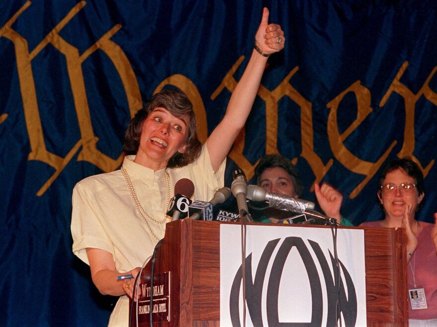 In July 1987, Democratic Rep. Pat Schroeder of Colorado addresses supporters at a National Organization for Women convention in Philadelphia.