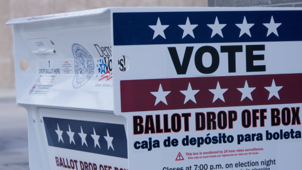 A ballot drop box outside the Denver Elections Division on Aug. 23, 2024.