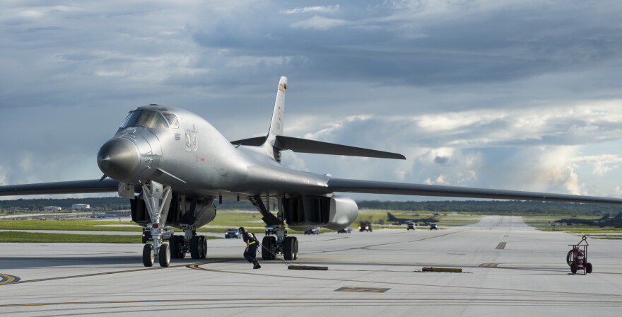 A U.S. Air Force B-1B Lancer assigned to the 37th Expeditionary Bomb Squadron, deployed from Ellsworth Air Force Base (AFB), S.D., arrives at Andersen AFB, Guam, on July 26, 2017.