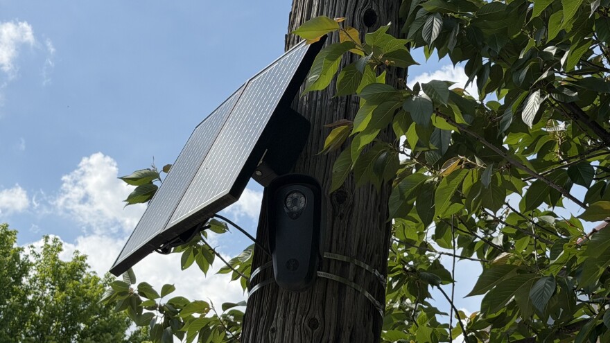 Close up of a Flock Safety Automated License Plate Reader camera in the University District, on E 11th Ave, facing east.