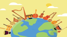 graphic of a globe, surrounded by folk instruments