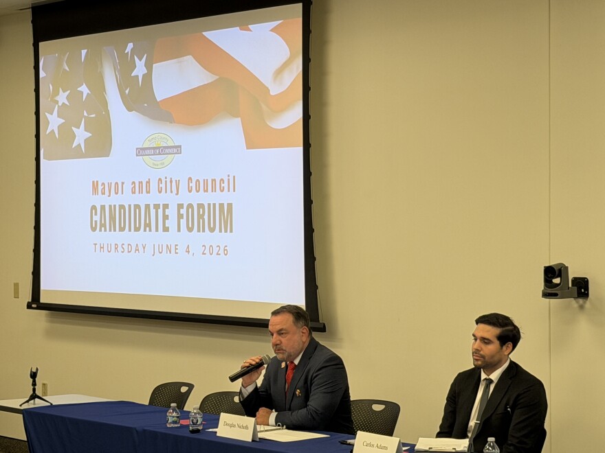 Yuma Mayor Doug Nicholls and challenger Carlos Adams at the mayor and city council candidate forum co-moderated by KAWC and the Yuma Sun on Thursday, June 4, 2026 at the Onvida Health administration center.