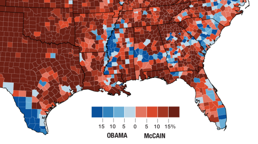 2008 presidential election results by county. Blue denotes majority Democratic votes, and red Republican.