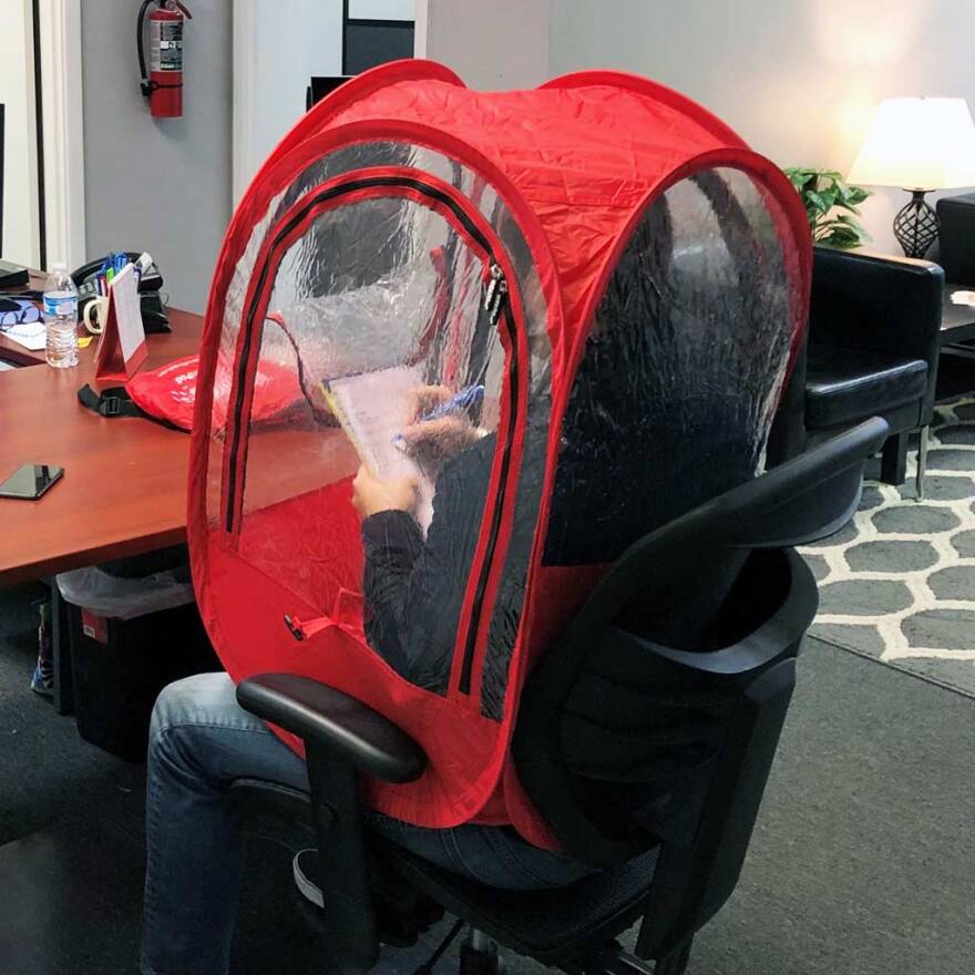 New products from Under the Weather include this desk pod and the intubation pod (pictured below) to protect medical workers. 