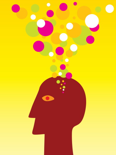 A picture shows the profile of a face with colorful circles rising up.