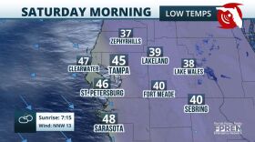 Weather map of the Tampa Bay region with low temperatures for Saturday morning ranging from between 37 in Zephyrhills and 48 in Sarasota. 