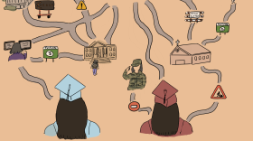 A illustration of two adult children of long-term visa holders, Shristi Sharma and Fedora Castelino, and their respective journeys from receiving their bachelor’s degrees to trying to attain work visas and potentially pursuing advanced degrees to stay in the United States. 