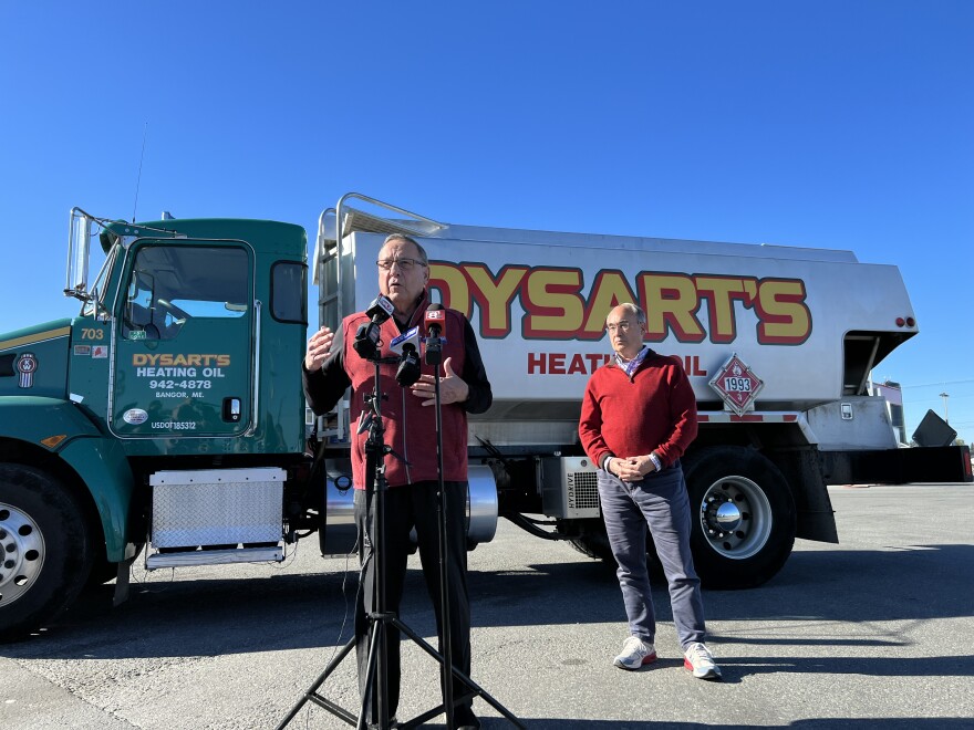 Former Gov. Paul LePage and former congressman Bruce Poliquin, both of whom are seeking their old positions, spoke about a potential heating oil crisis during an event at Dysart’s truck stop in Hermon.