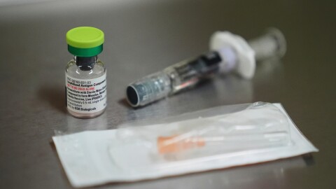 FILE - A vial of the measles, mumps and rubella (MMR) vaccine is pictured at International Community Health Services, Wednesday, Sept. 10, 2025, in Seattle. (AP Photo/Lindsey Wasson, file)
