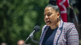 Suffolk County District Attorney Rachael Rollins speaks during the celebration to raise the Juneteenth flag in front of City Hall. (Jesse Costa/WBUR)