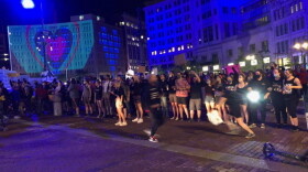 Protestors gather on Monument Circle.