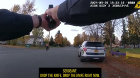 Police body camera footage of an encounter between an Anchorage officer and 24-year-old James Afuvai. Afuvai was shot and killed after running towards an officer with a knife. (Anchorage Police Dpartment)