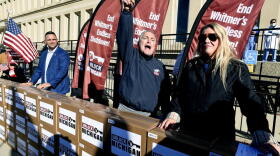 In this Oct. 2, 2020, file photo, Unlock Michigan Co-Chairs from left, Garrett Soldano, Ron Armstrong and Meshawn Maddock, speak to supporters in Lansing. Republican lawmakers on Wednesday, July 21, 2021, killed a law that underpinned coronavirus restrictions issued by Gov. Gretchen Whitmer in 2020, wiping it from the books after Michigan's Supreme Court declared the measure unconstitutional.