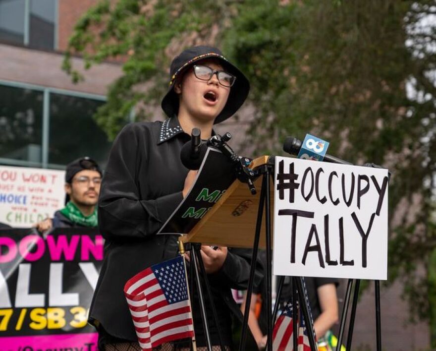 A woman at a podium and microphone with American flags and a sign saying "Occupy Tally"