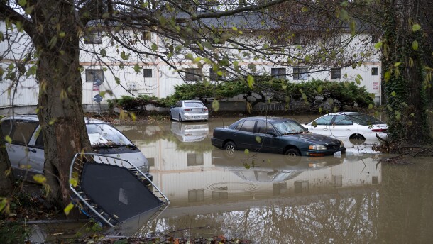 A flooded apartment complex along East Rio Vista Avenue is shown on Friday, December 12, 2025, in Burlington. 